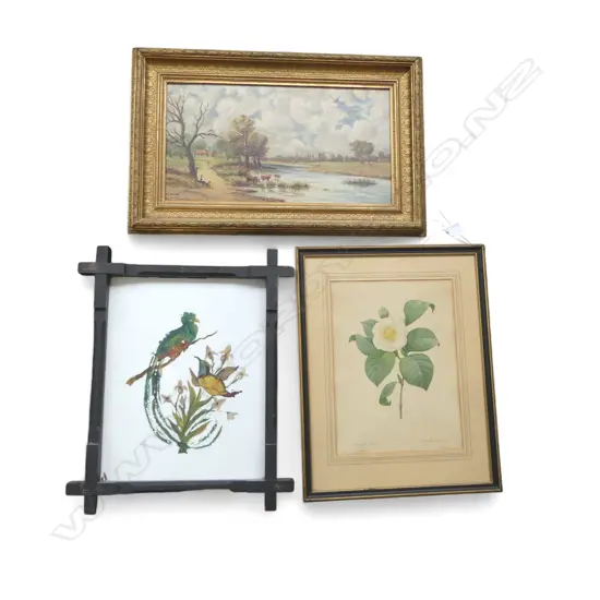 3 ARTWORKS; A. F. DEVEAUX LANDSCAPE OIL ON BOARD 240x450mm, CAMELLIA PRINT, BIRD OIL ON PANEL