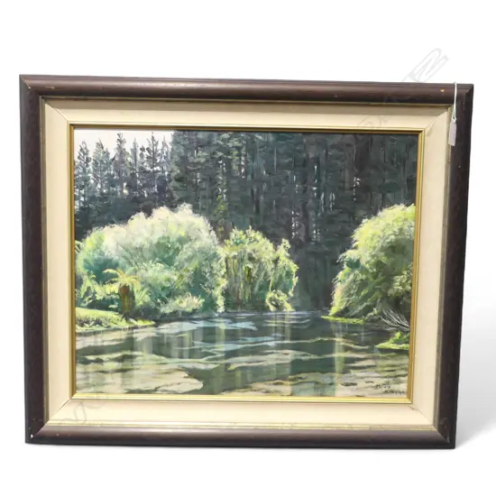 DENIS KING 'HAMURANA STREAM' 1997 OIL & ACRYLIC ON CANVAS BOARD 390x490mm SIGNED & DATED