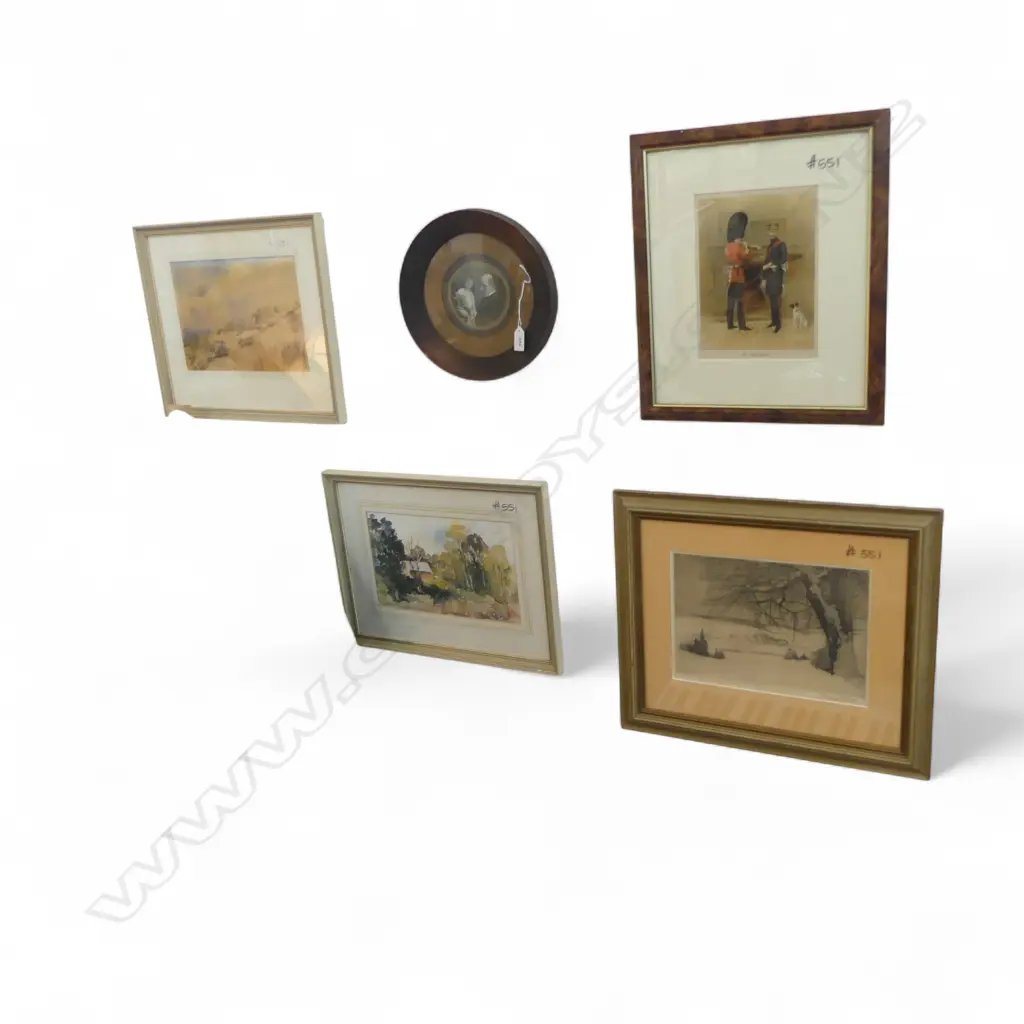5 ART WORKS; 2 LANDSCAPE WCs, 1913 PHOTO 95mm dia, SCOTS GUARDS PRINT, SIGNED LANDSCAPE ETCHING 200x280mm Image 1++