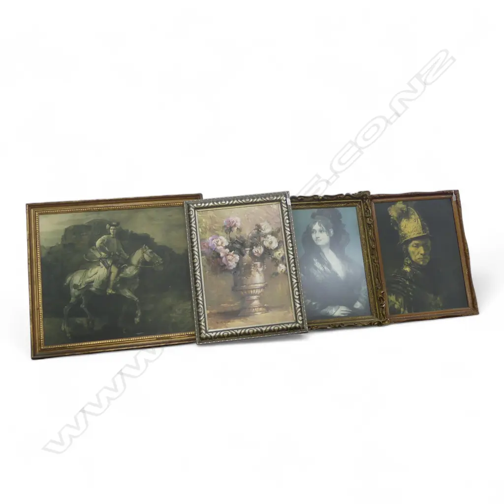 4 LG PRINTS; GOYA, REMBRANDT POLISH RIDER 630x740mm & MAN w. GOLDEN HELMET, FLORAL STILL LIFE ON CANVAS, Image 1++