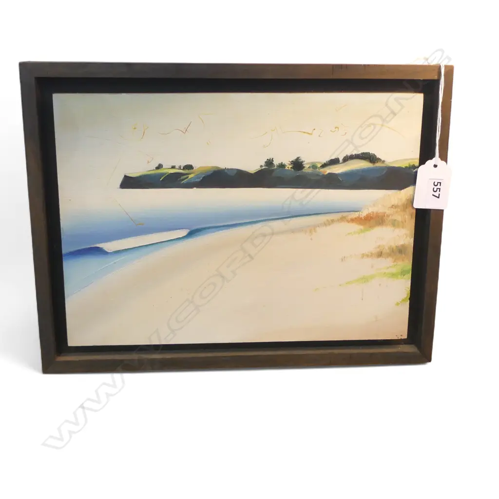 JAN LUCAS 'MAKETU POINT FROM KAITUNA' C.1980 ACRYLIC ON BOARD, SIGNED VERSO 180x250mm Image 1++