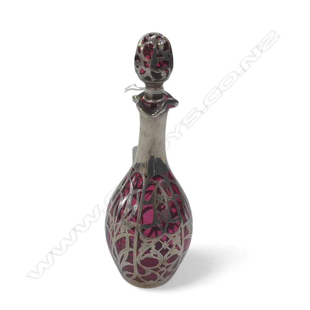 STG SILVER OVERLAID CRANBERRY GLASS OVOID FLASK (DAMAGED). H.200mm Image 1++