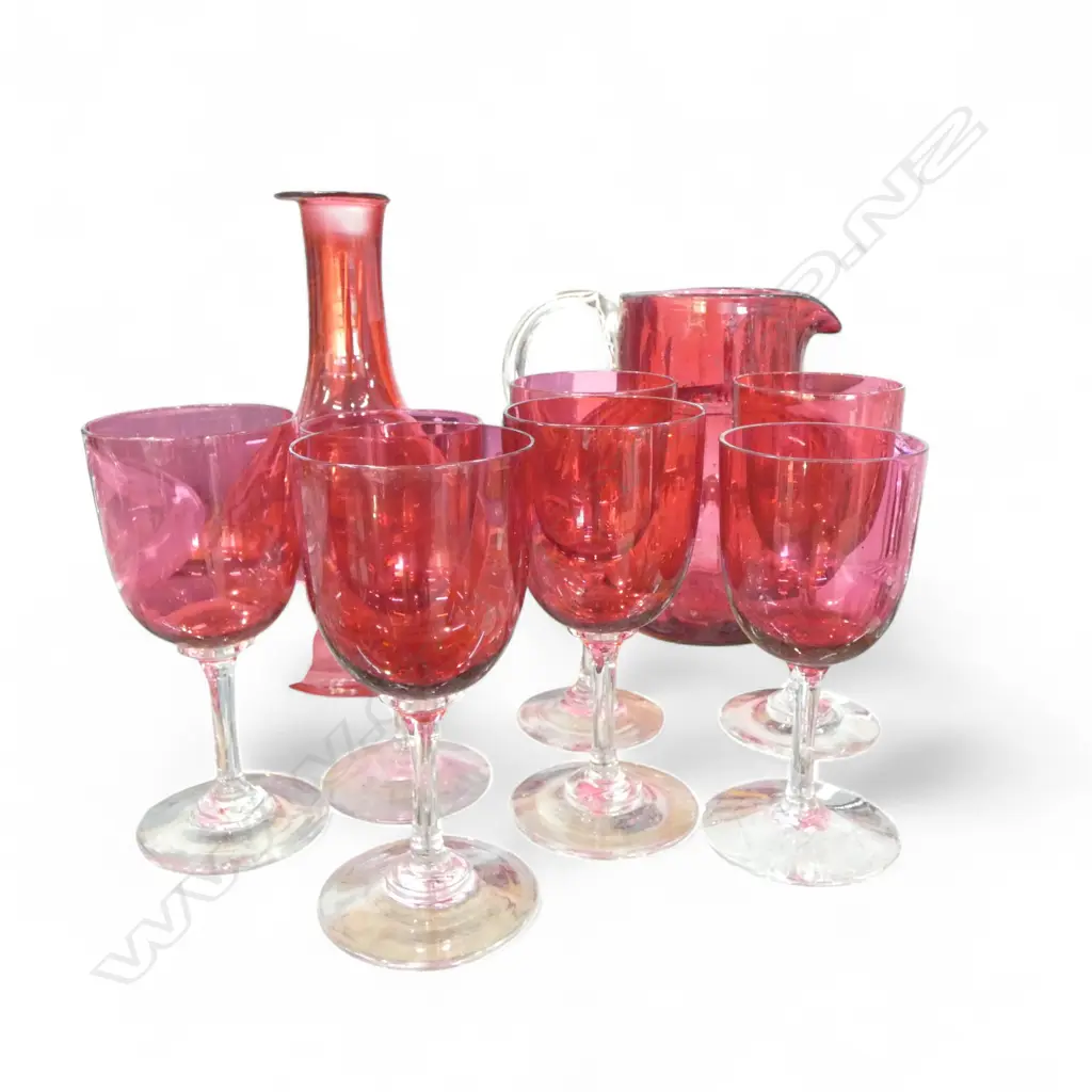 7 CRANBERRY GLASS PORT GLASSES, JUG & DECANTER (REPLACEMENT STOPPER) H.285mm Image 1++