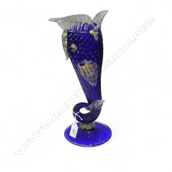 ITALIAN MURANO BLUE GLASS FISH VASE FAULTS H.320mm