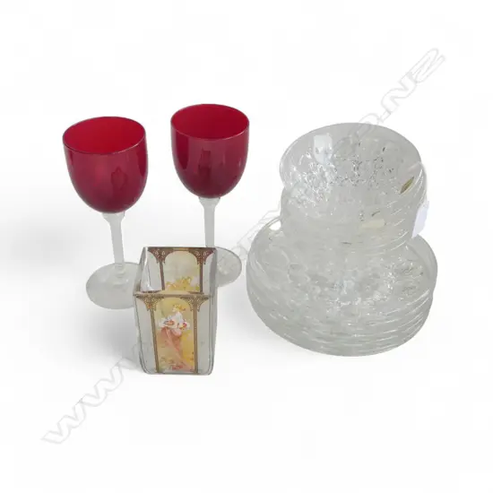 14 PCES CRYSTAL; 6 PLATES, 5 BOWLS, VASE, 2 RED GLASSES