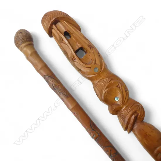 CARVED MAORI WALKING STICK L.850mm + CARVED ORIENTAL WALKING STICK L.900mm