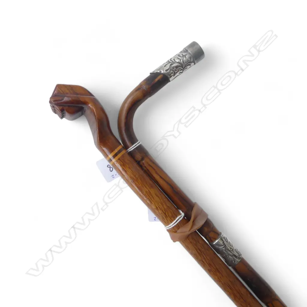 PITCAIRN ISLAND CLASPED HAND WALKING STICK L.955mm + WALKING STICK w. STG SILVER COLLAR & CAP  Image 1++