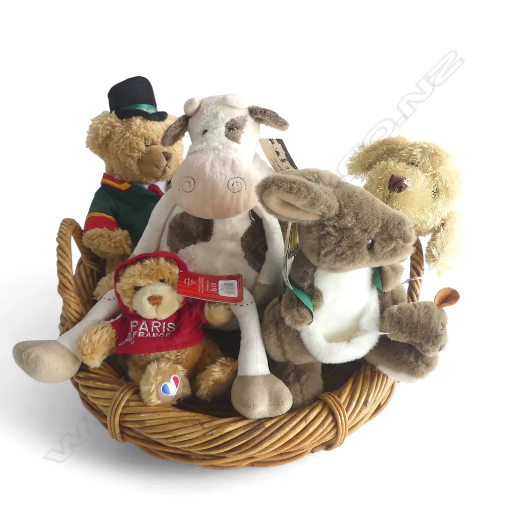 COLLECTION OF 6 STUFFED TOYS + CANE TRAY Dia.425mm including Kirkcaldie & Stains Wellington 10th charity bear Image 1++