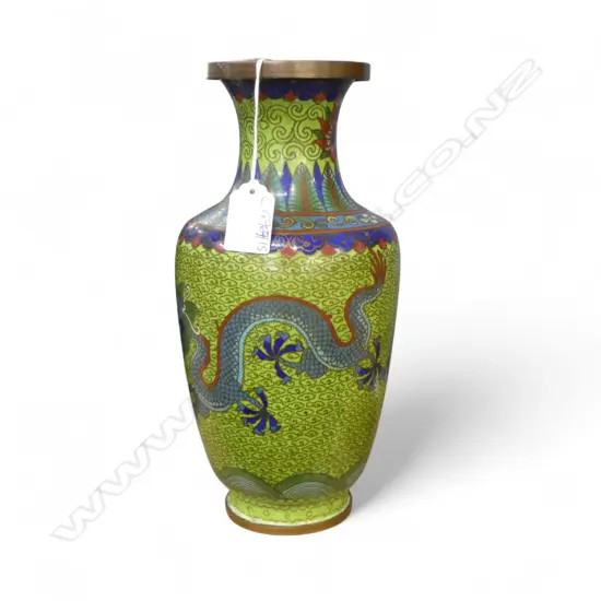 GREEN CLOISONNE VASE w. DRAGON DECORATION H.260mm