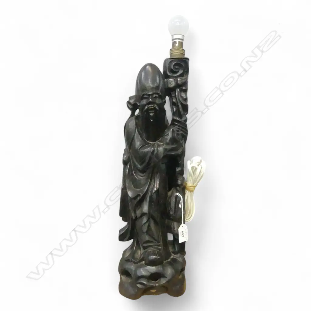 CARVED WOODEN TABLE LAMP, ORIENTAL FIGURE H.520mm Image 1++