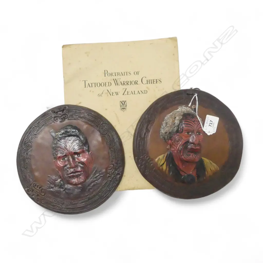 2 LEATHER MAORI PORTRAITS 210mm dia + BOOKLET 'PORTRAITS OF TATTOOED WARRIOR CHIEFS OF NZ' VICTOR MILLARD Image 1++
