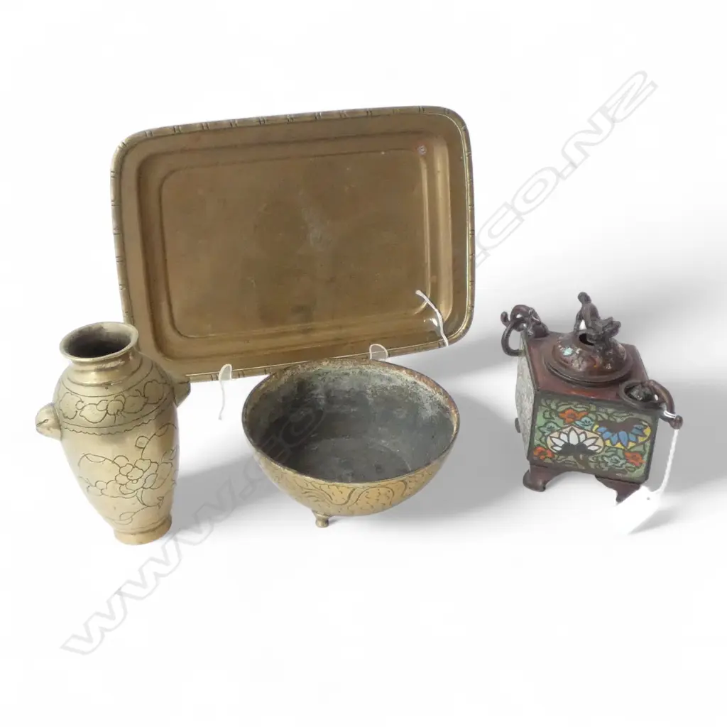 3 ORIENTAL BRASS PCES + CHAMPLEVE CENSER Image 1++