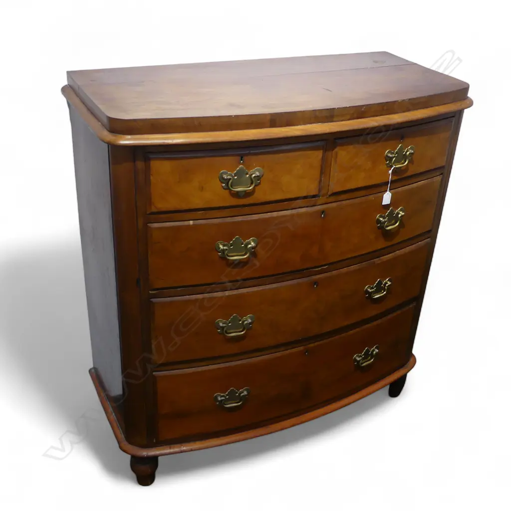 VICTORIAN FLAME MAHOGANY BOW FRONT CHEST OF 5 DRAWERS 1080x520x1150mm Image 1++