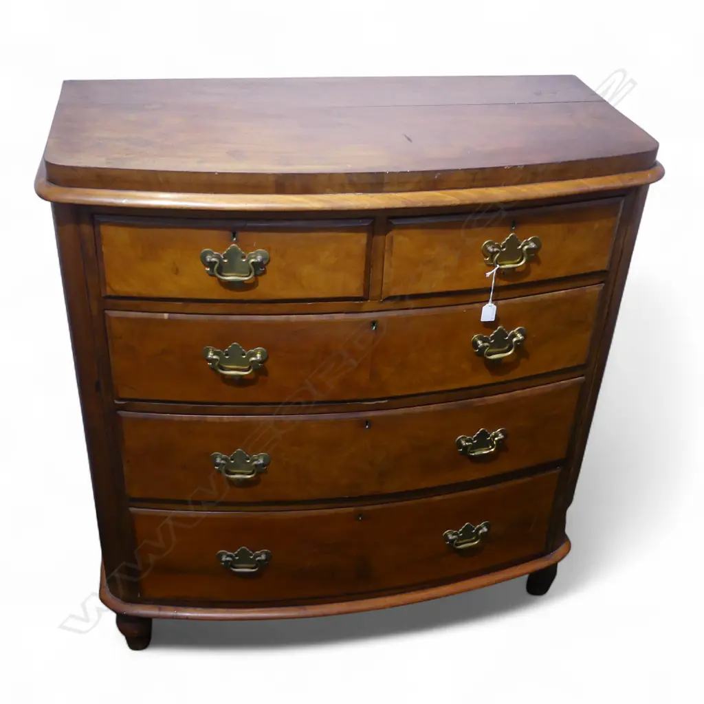 VICTORIAN FLAME MAHOGANY BOW FRONT CHEST OF 5 DRAWERS 1080x520x1150mm Image 1++