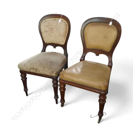 2 VICTORIAN BALLOON BACK SIDE CHAIRS; 1 IN LEATHER UPHOLSTERY