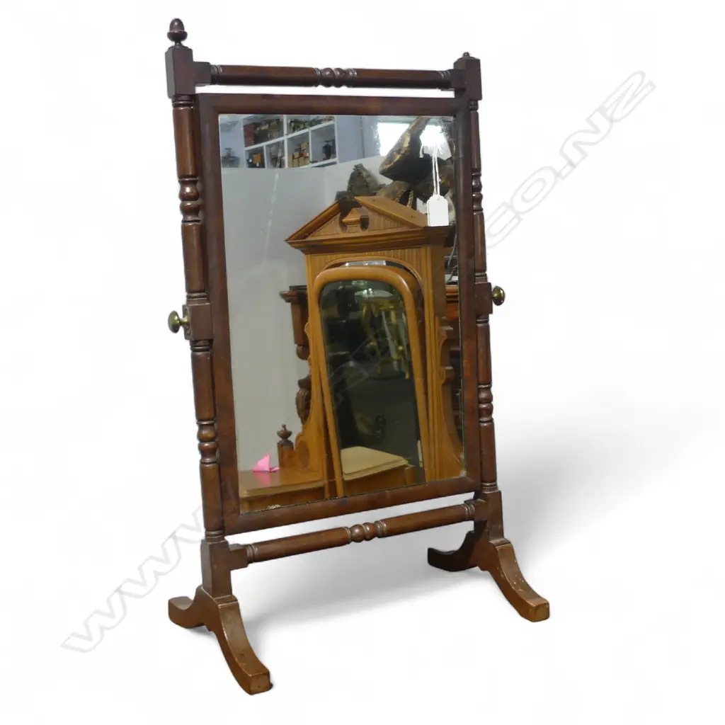 c.1900 MAHOGANY TOILET SWING MIRROR turned frame 1 acorn finial absent H.695mm Image 1++