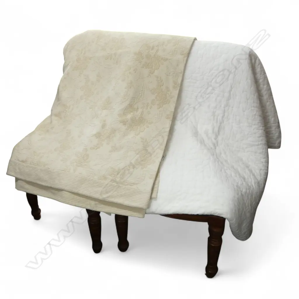 2 KING/QUEEN SIZE BEDSPREADS; ITALIAN COLIBRI BEIGE Slight mark on edge, 268 x 256mm & WHITE QUILTED, 240 x 220mm Image 1++
