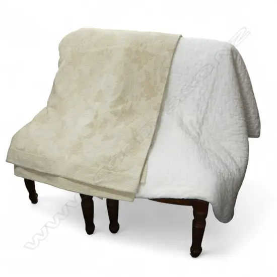 2 KING/QUEEN SIZE BEDSPREADS; ITALIAN COLIBRI BEIGE Slight mark on edge, 268 x 256mm & WHITE QUILTED, 240 x 220mm