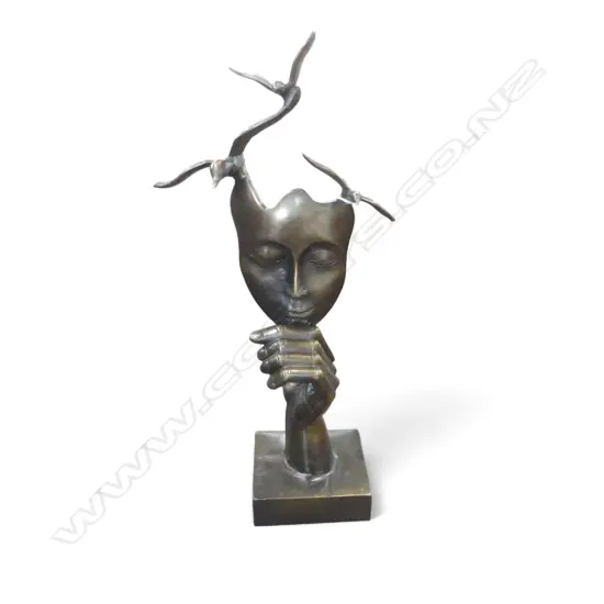 BRONZE SCULPTURE; FACE HELD BY HAND w. BIRDS ABOVE H.470mm