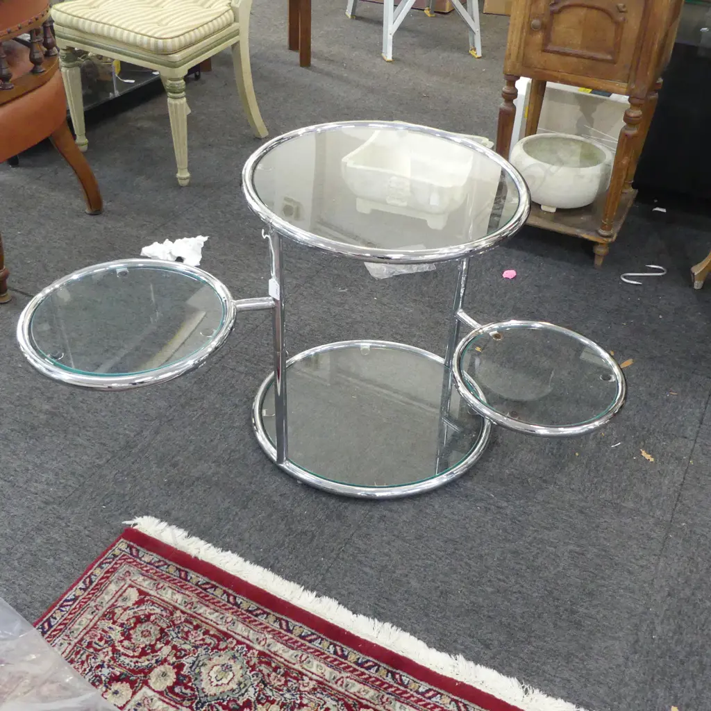 EILEEN GRAY STYLE CHROME & GLASS SIDE TABLE w. 2 SWINGING SHELVES H.545mm, 500mm Image 1++
