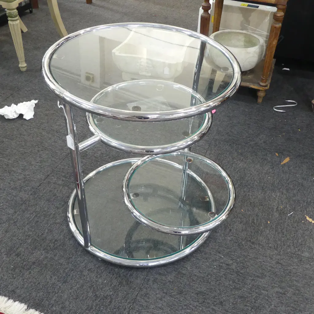 EILEEN GRAY STYLE CHROME & GLASS SIDE TABLE w. 2 SWINGING SHELVES H.545mm, 500mm Image 1++