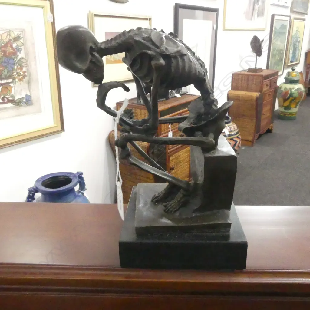 BRONZE SKELETON SCULPTURE AFTER RODIN 'THE THINKER' H.230mm Image 1++