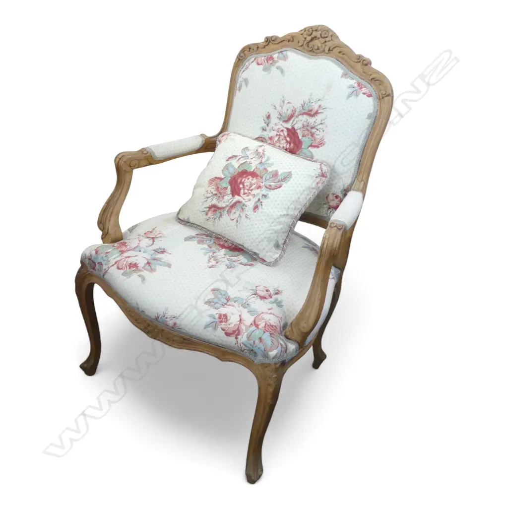 FRENCH CARVED FRUITWOOD FANTEUIL ARMCHAIR, FLORAL CHINTZ UPHOLSTERY Image 1++