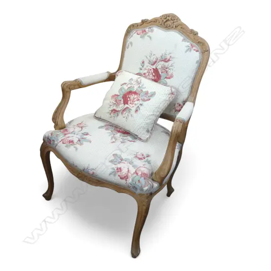 FRENCH CARVED FRUITWOOD FANTEUIL ARMCHAIR, FLORAL CHINTZ UPHOLSTERY