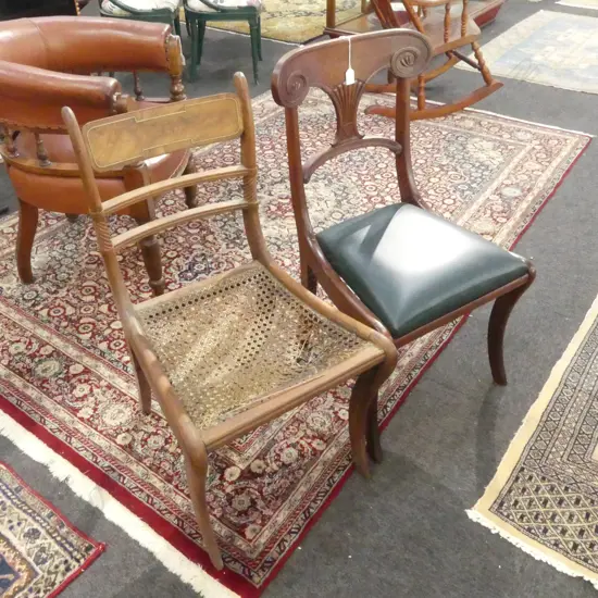 2 REGENCY CHAIRS; GREEN LEATHER SEAT & CANED (AF)