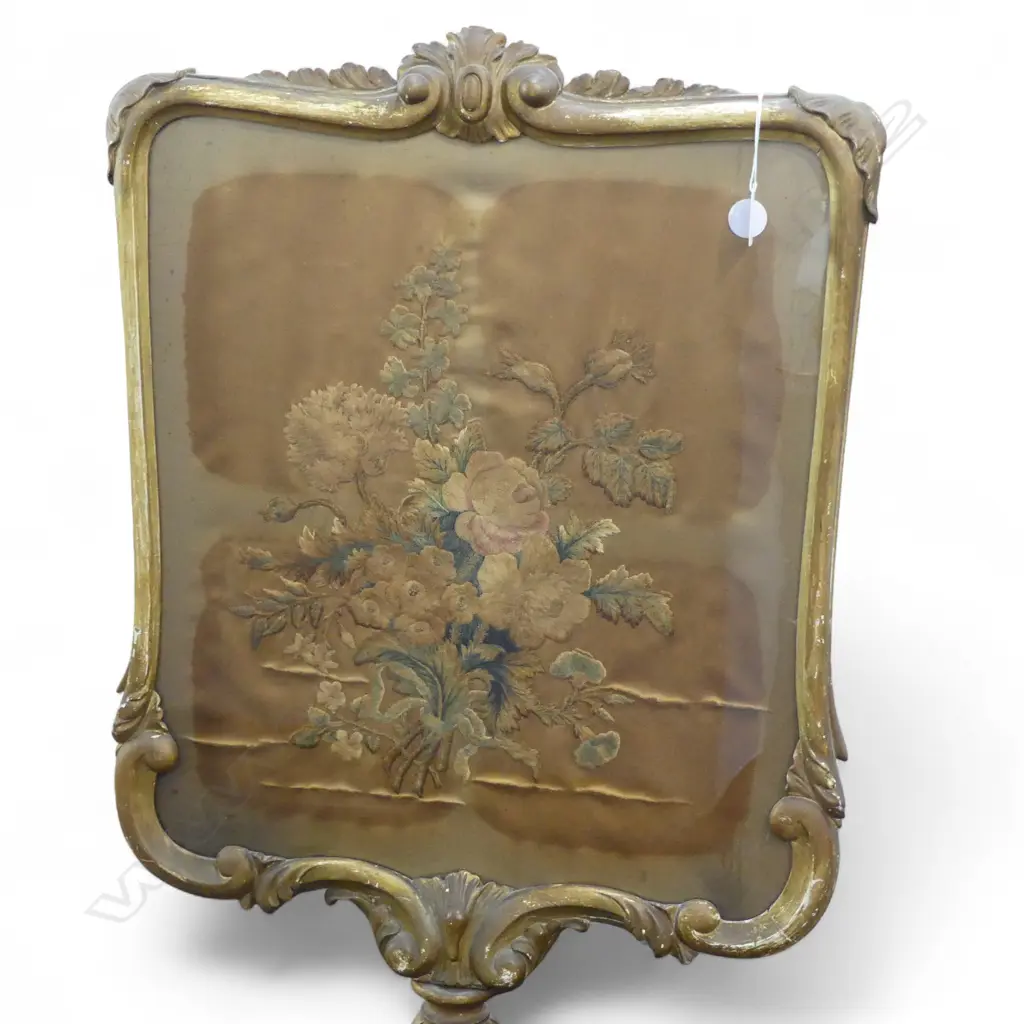 VICTORIAN GILT WOOD POLESCREEN w. EMBOIDERED SILK WORK Image 1++