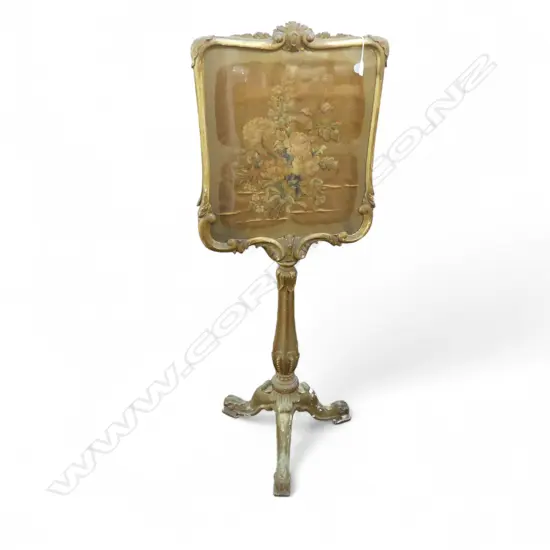 VICTORIAN GILT WOOD POLESCREEN w. EMBOIDERED SILK WORK
