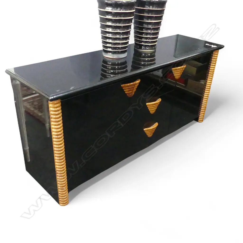 c.1990's DESIGNER BLACK LACQUER & WOOD highlight LOW SIDEBOARD 1670 X 480 X 760mm. Prov. From the home of a retired.... Image 1++