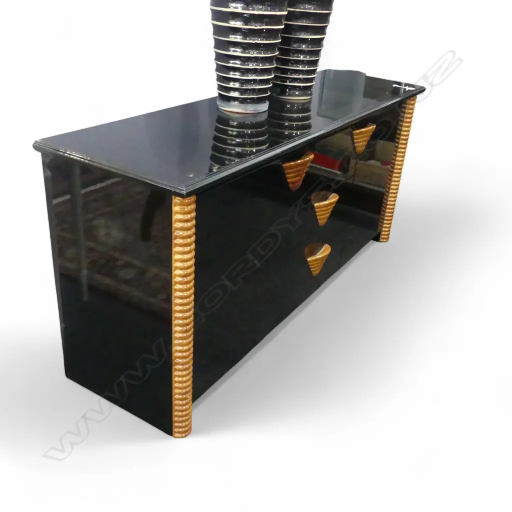 c.1990's DESIGNER BLACK LACQUER & WOOD highlight LOW SIDEBOARD 1670 X 480 X 760mm. Prov. From the home of a retired.... Image 1++