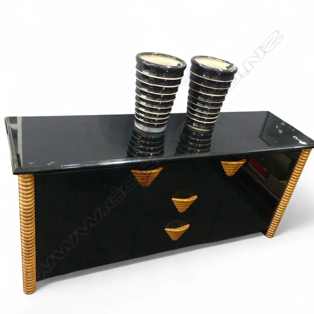 c.1990's DESIGNER BLACK LACQUER & WOOD highlight LOW SIDEBOARD 1670 X 480 X 760mm. Prov. From the home of a retired.... Image 1++