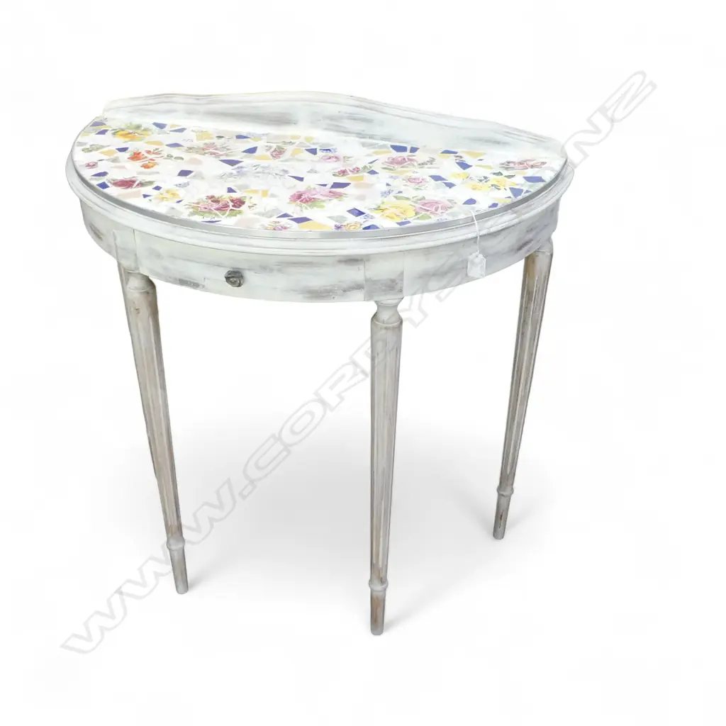 MOSAIC TOPPED HALF ROUND HALL TABLE white washed frame. W.810mm. Image 1++
