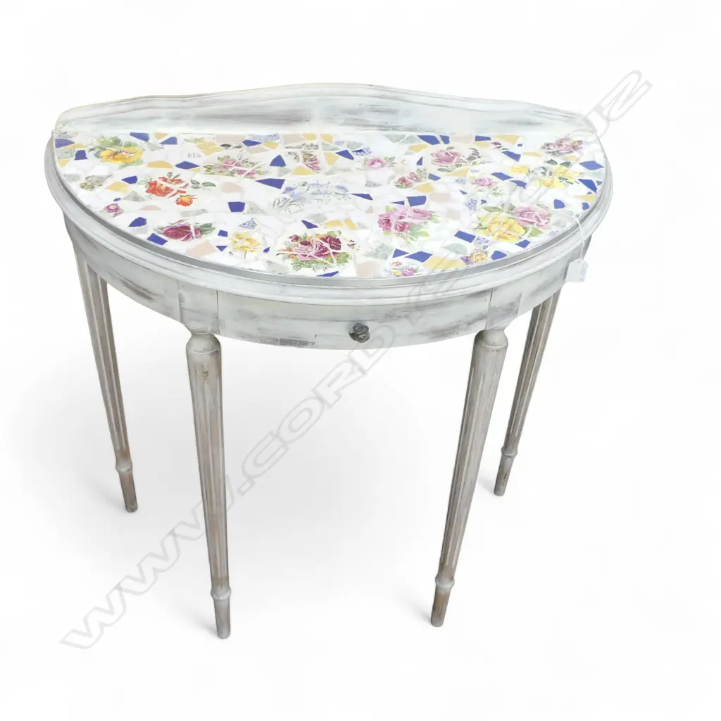 MOSAIC TOPPED HALF ROUND HALL TABLE white washed frame. W.810mm. Image 1++