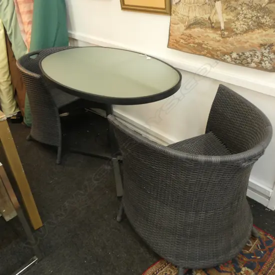 3 PCE PATIO SET; PR WOVEN PLASTIC CHAIRS & OVAL TABLE 1085x690x760mm