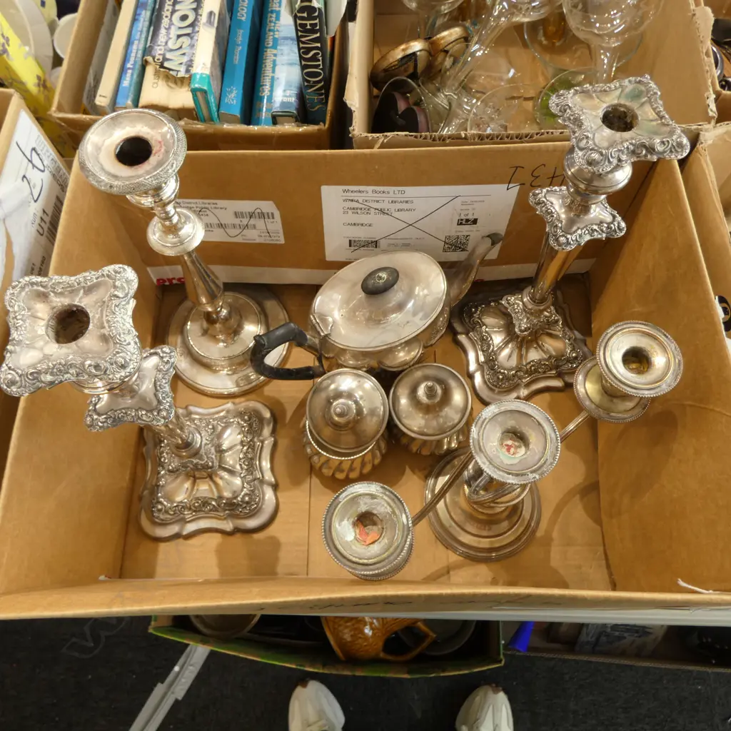 BOX LOT SILVERPLATE - PR CANDLESTICKS, CANDELABRA, CANDLESTICK TEAPOT ETC Image 1++