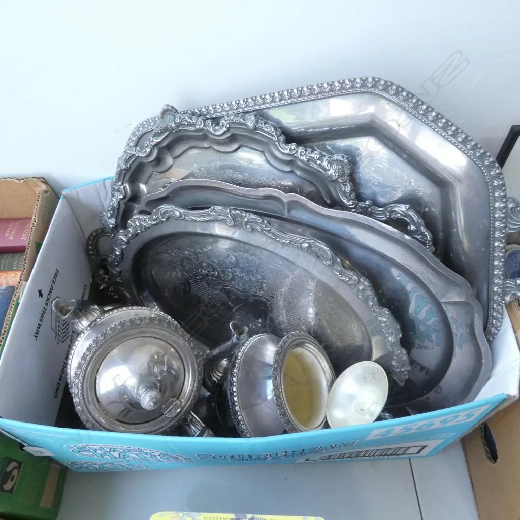 ASST. SILVER PLATE; TRAYS, TEAPOTS ETC Image 1++