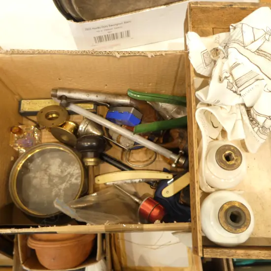 ASST. ITEMS; DOOR HARDWARE, 2 CUT THROAT RAZORS ETC