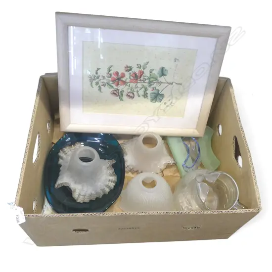 ASST. GLASS SHADES, BOWL, TROUGH VASES, JUG & FRAMED BOTANICAL PRINT