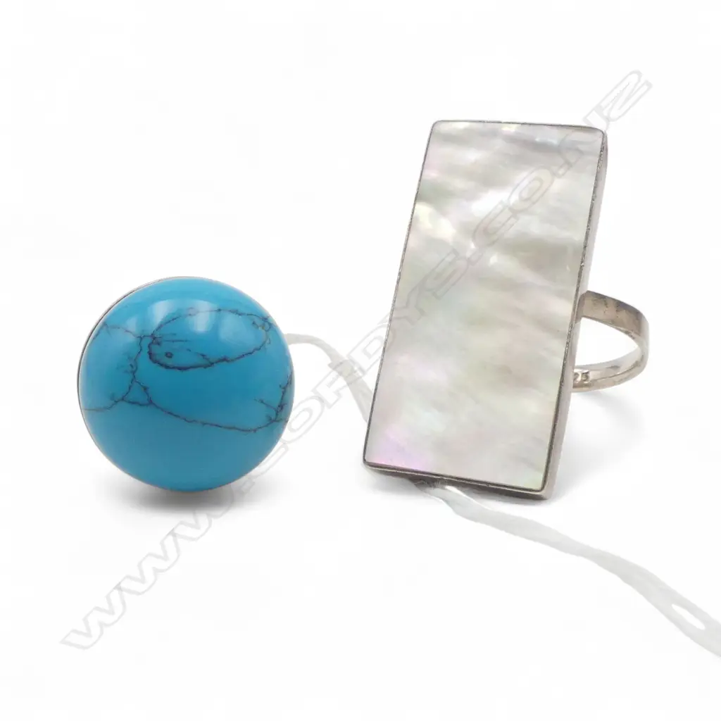 2 925 SILVER RINGS; FAUX TURQUOISE & MoP 18.3gms Image 1++