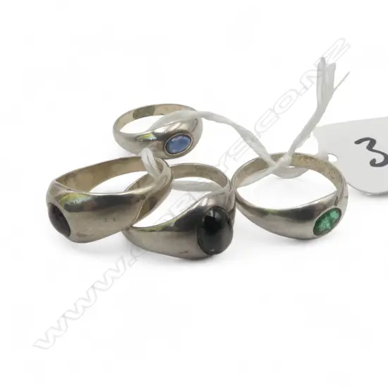 4 SILVER RINGS SET w STAR RUBY, SAPPHIRE & EMERALD 