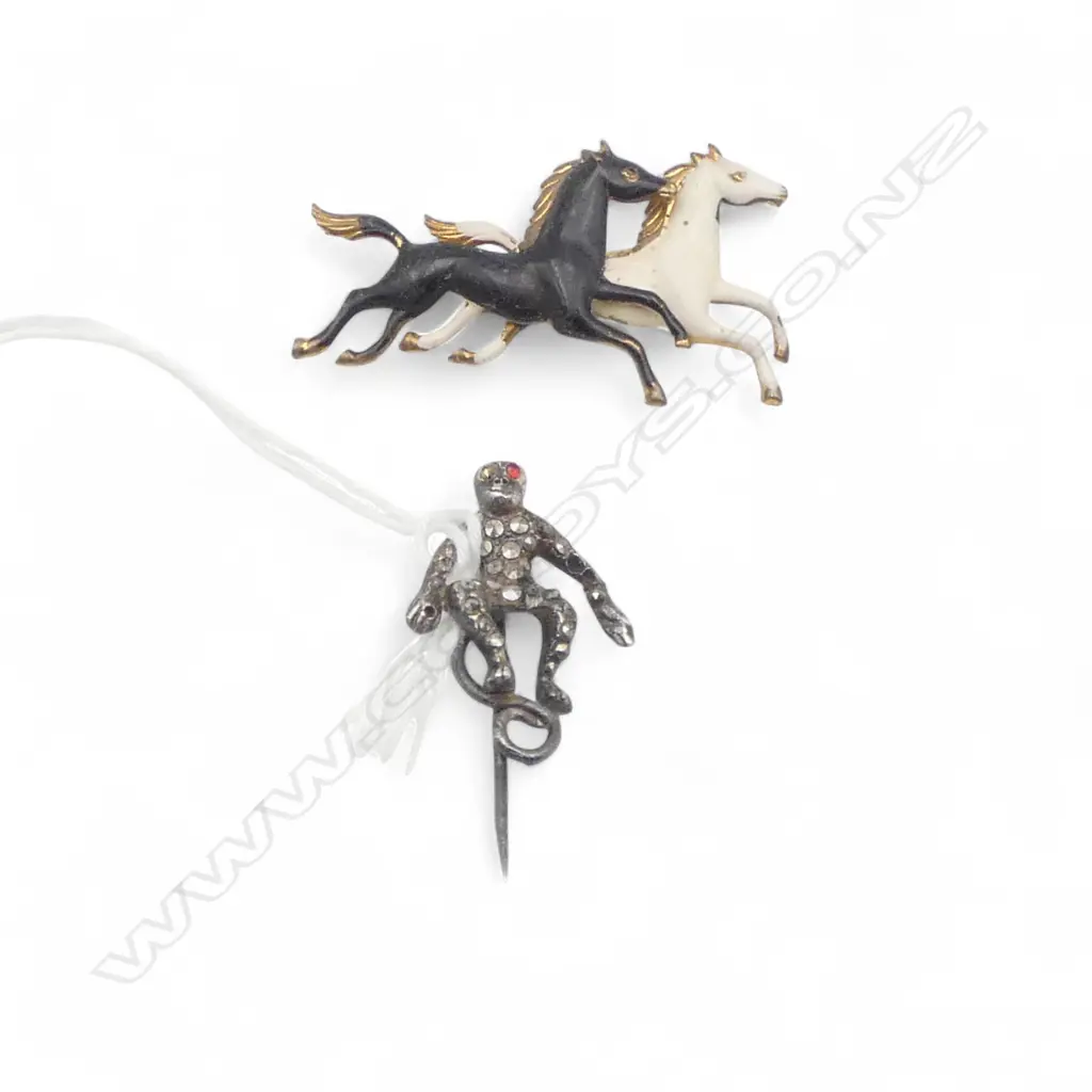 MONKEY MARCASITE (SOME MISSING) PIN & HORSE ENAMEL BROOCH Image 1++