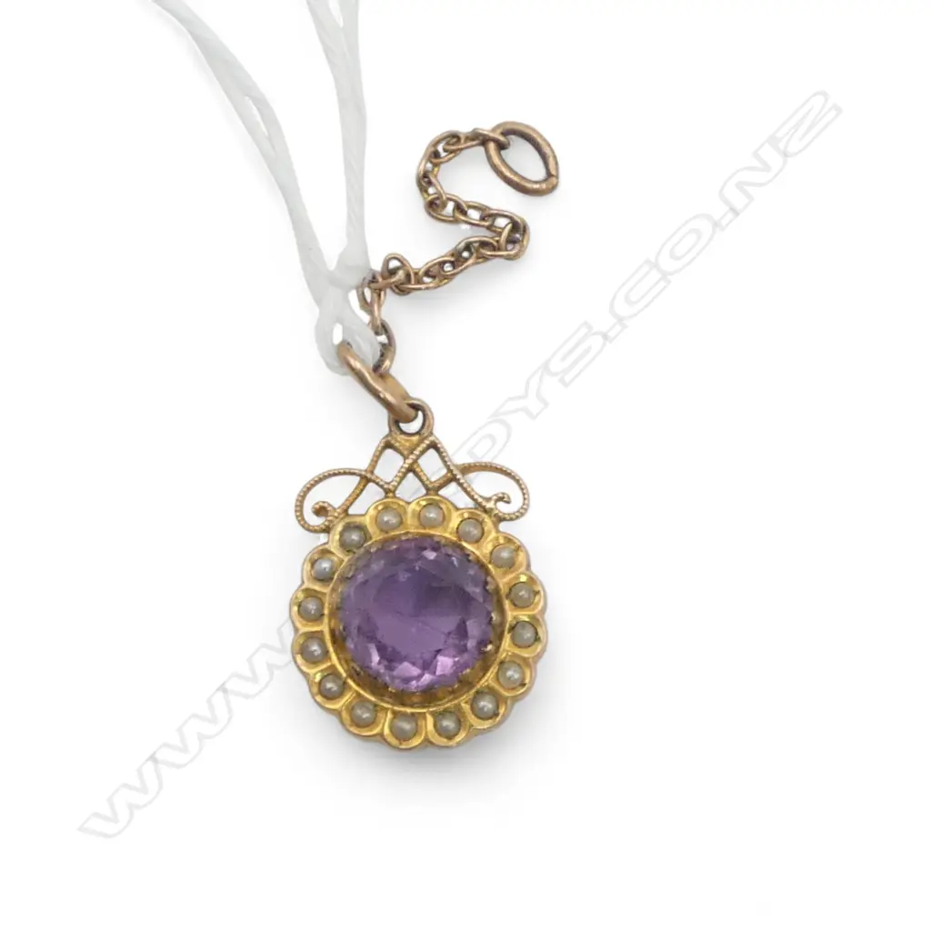 LATE VICTORIAN 9ct GOLD AMETHYST & SEED PEARL SMALL PENDANT 2.1gms Image 1++