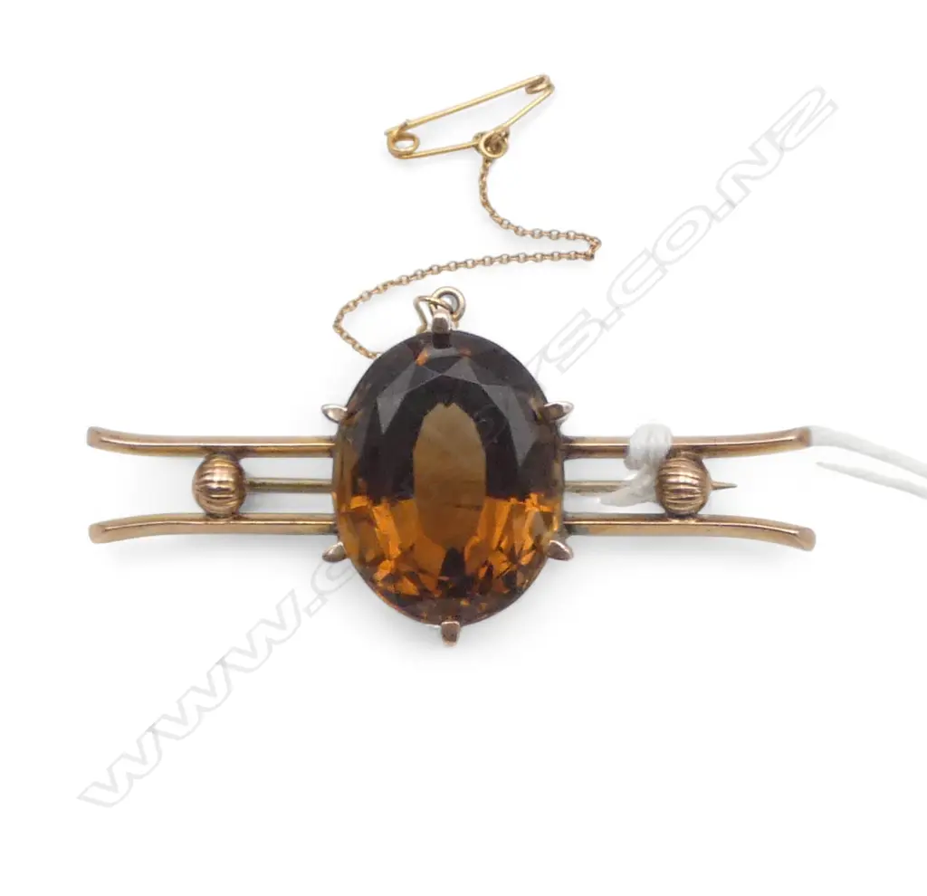 Retro 9ct gold large stone set bar brooch topaz family 12.7gms Image 1++