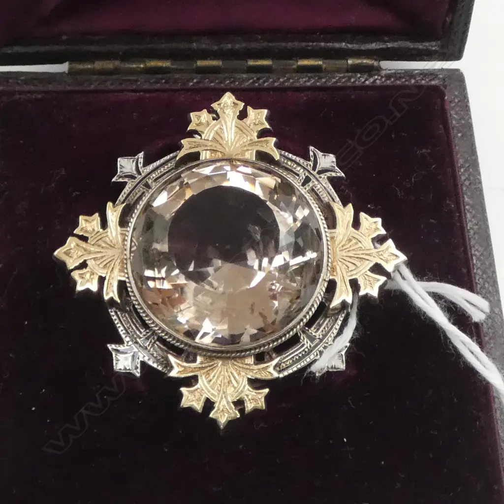 Quality late Victorian boxed heavy silver QUARTZ stone set brooch with gold front & enamelled highlights 32.60gms Image 1++