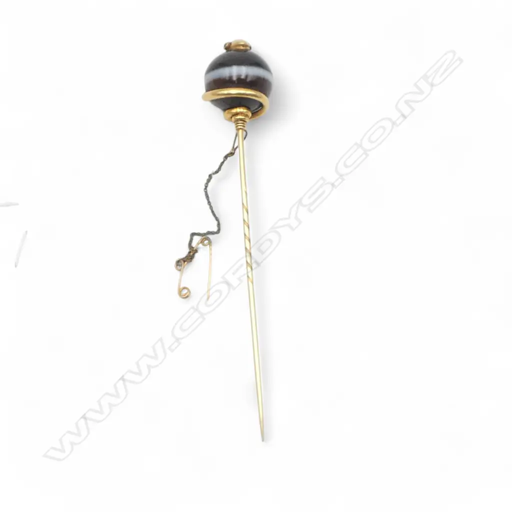 Victorian 9ct GOLD STICK SNAKE PIN diamond eyes around banded agate ball Image 1++