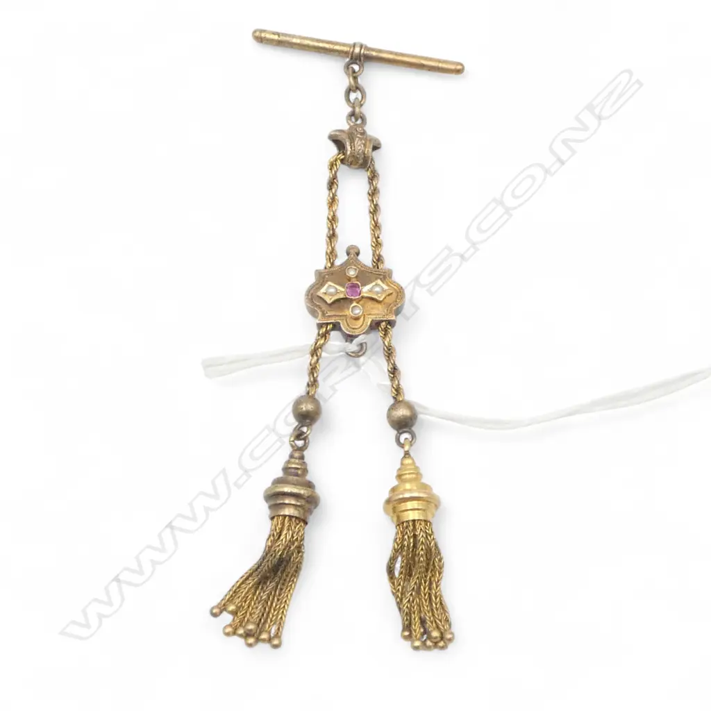 VICTORIAN GOLD PLATE FANCY ALBERTINA with 2 tassels ruby & pearls Image 1++