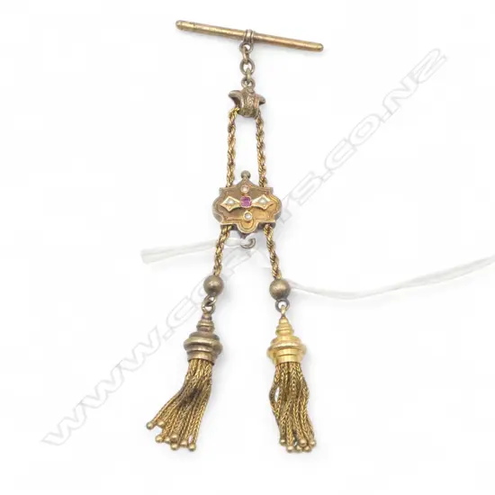 VICTORIAN GOLD PLATE FANCY ALBERTINA with 2 tassels ruby & pearls